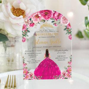 Fuchsia Pink Floral Gold Quinceanera XV Sweet 16 Acrylic