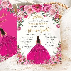 Fuchsia Pink Floral Gold Quinceanera XV Sweet 16