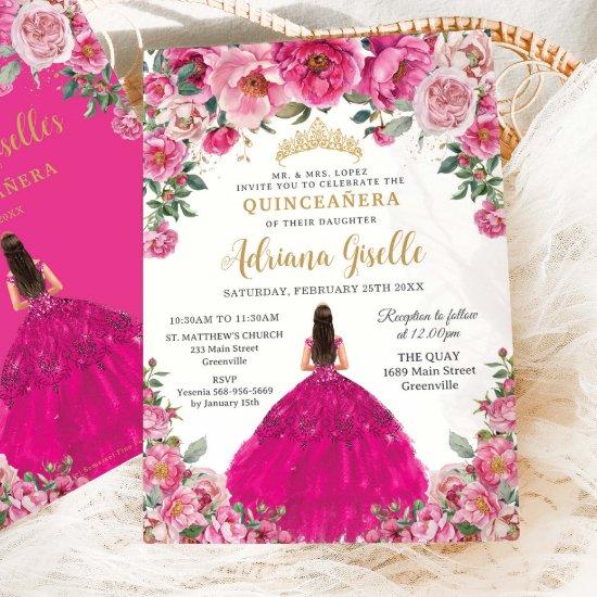Fuchsia Pink Floral Gold Quinceanera XV Sweet 16