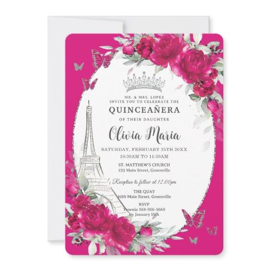 Fuchsia Pink Floral Paris Butterflies Quinceañera