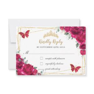 Fuchsia Pink Floral Quinceañera Butterflies Reply  RSVP Card