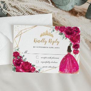 Fuchsia Pink Floral Quinceañera Princess Reply RSVP Card