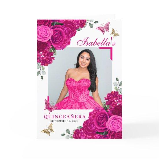 Fuchsia Pink Floral Quinceanera Tiara Butterflies Program