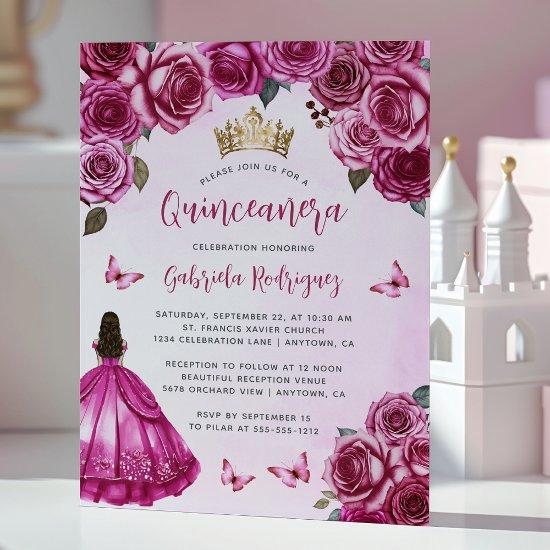 Fuchsia Pink Floral Roses Watercolor Quinceañera