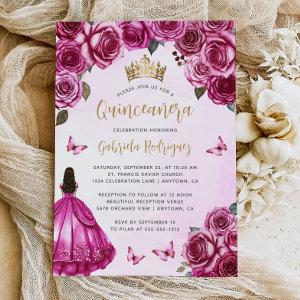Fuchsia Pink Gold Floral Watercolor Quinceañera