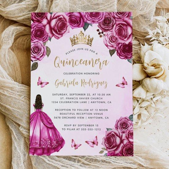Fuchsia Pink Gold Floral Watercolor Quinceañera