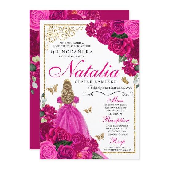 Fuchsia Pink Gold Princess Butterflies Quinceañera