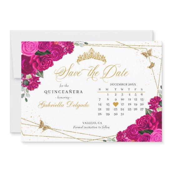 Fuchsia Pink & Gold Quinceañera Save The Date