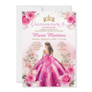 Fuchsia Pink Princess Floral Gold Quinceañera