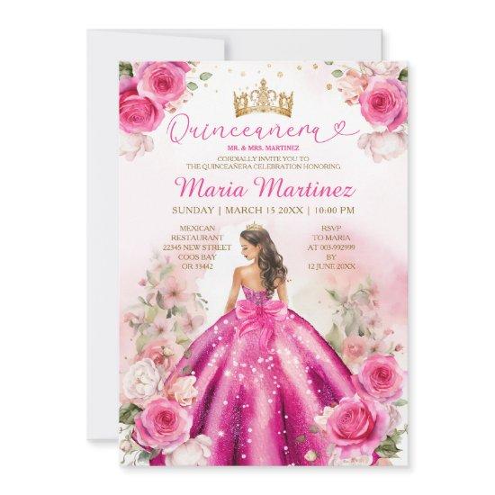 Fuchsia Pink Princess Floral Gold Quinceañera