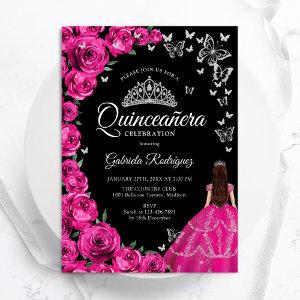 Fuchsia Pink Roses Silver Butterflies Quinceanera