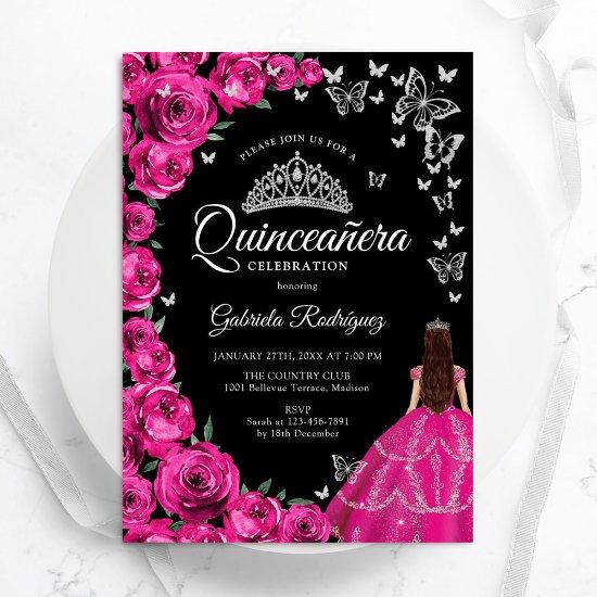 Fuchsia Pink Roses Silver Butterflies Quinceanera