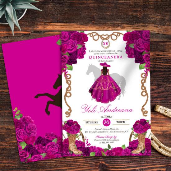 Fuchsia Pink Roses Western Charro Quinceañera