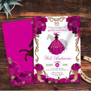 Fuchsia Pink Roses Western Charro Quinceañera V2