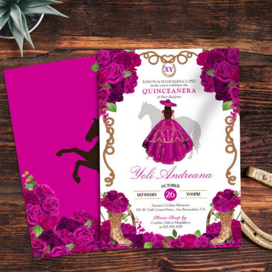 Fuchsia Pink Roses Western Charro Quinceañera V2