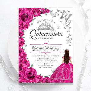 Fuchsia Pink Silver Floral Quinceanera