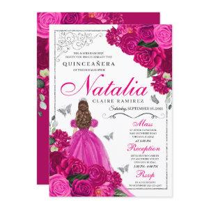 Fuchsia Pink Silver Princess Butterfly Quinceañera