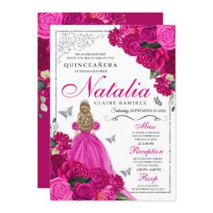 Fuchsia Pink Silver Princess Butterfly Quinceañera
