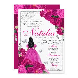 Fuchsia Pink Silver Princess Butterfly Quinceañera