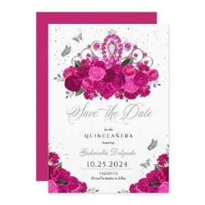 Fuchsia & Silver Tiara Save The Date Quinceañera