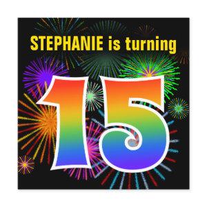 Fun Fireworks + Rainbow Pattern "15" Birthday #