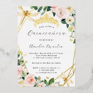 Geo Blush Floral Dragonfly Quinceanera Gold  Foil