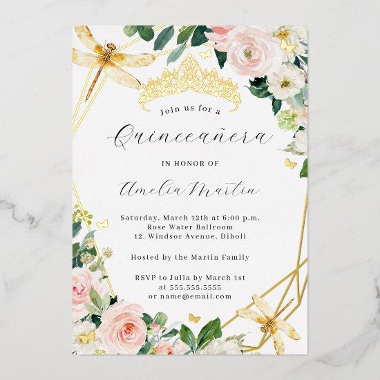 Geo Blush Floral Dragonfly Quinceanera Gold  Foil
