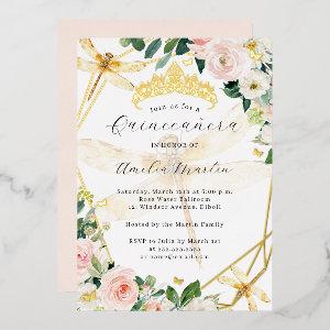 Geo Blush Floral Gold Dragonfly Quinceanera Foil