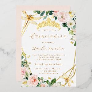 Geo Blush Gold Floral Dragonfly Quinceanera Foil