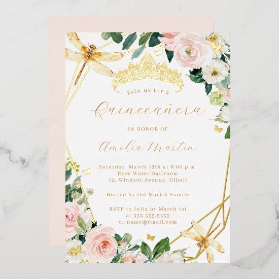 Geo Blush Gold Floral Dragonfly Quinceanera Foil
