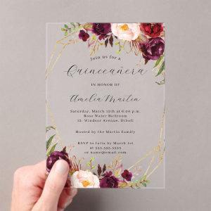 Geo Clear Acrylic Burgundy Floral Quinceanera  Acrylic
