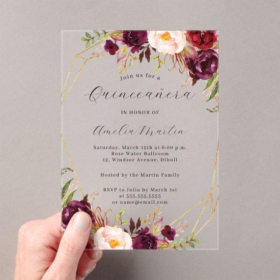 Geo Clear Acrylic Burgundy Floral Quinceanera  Acrylic