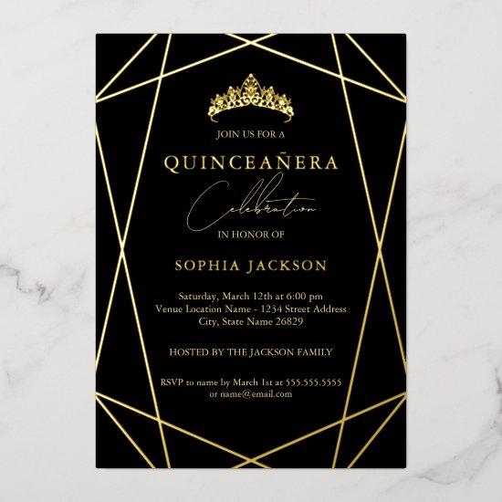 Geometric Black Gold Elegant Quinceanera 15th  Foil