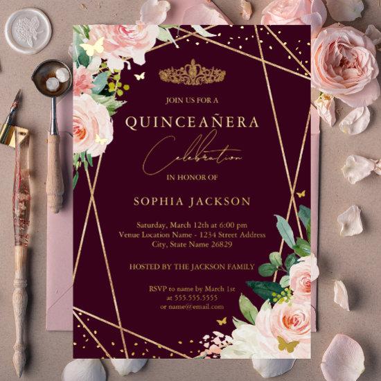 Geometric Blush Burgundy Gold Floral Quinceanera Foil