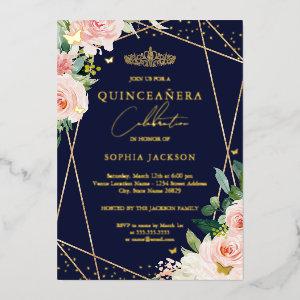 Geometric Blush Navy Floral Photo Quinceanera  Foil