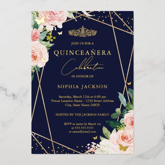 Geometric Blush Navy Floral Photo Quinceanera  Foil