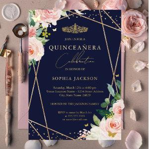 Geometric Blush Navy Gold Floral Quinceanera Foil