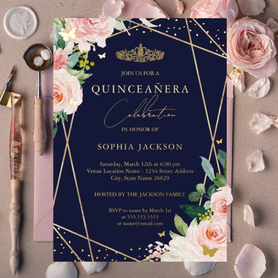 Geometric Blush Navy Gold Floral Quinceanera Foil