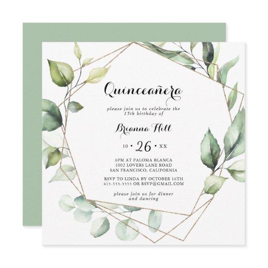 Geometric Elegant Gold Greenery Quinceañera