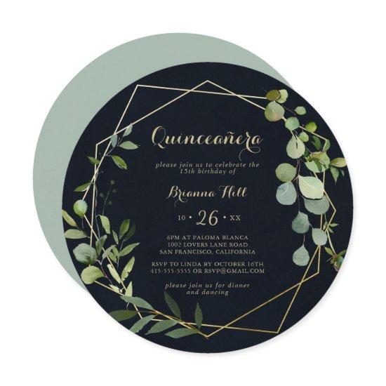 Geometric Gold Blue Green Eucalyptus Quinceañera