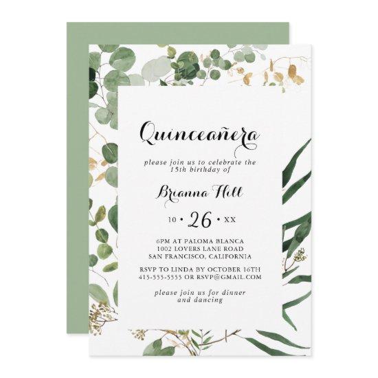 Geometric Gold Green Foliage Quinceañera