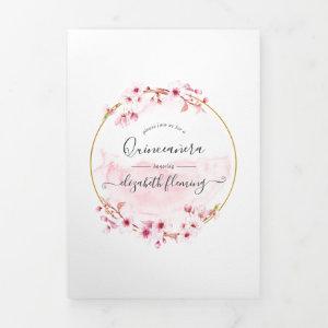Geometric Pink Cherry Blossom Quinceañera Photo Tri-Fold Card