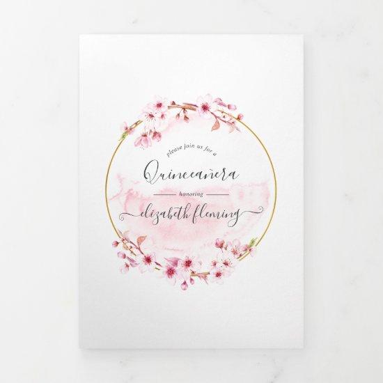 Geometric Pink Cherry Blossom Quinceañera Photo Tri-Fold Card