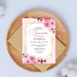 Geometric Pink gold Cherry Blossom Quinceañera