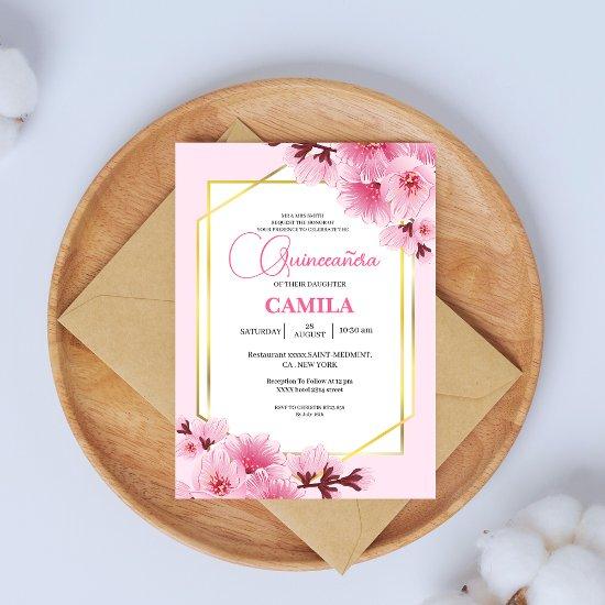 Geometric Pink gold Cherry Blossom Quinceañera