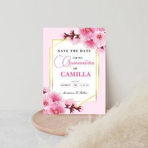 Geometric Pink gold Cherry Blossom Quinceañera Save The Date