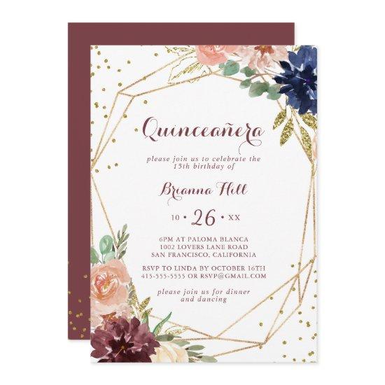 Geometric Rustic Gold Glitter Quinceañera