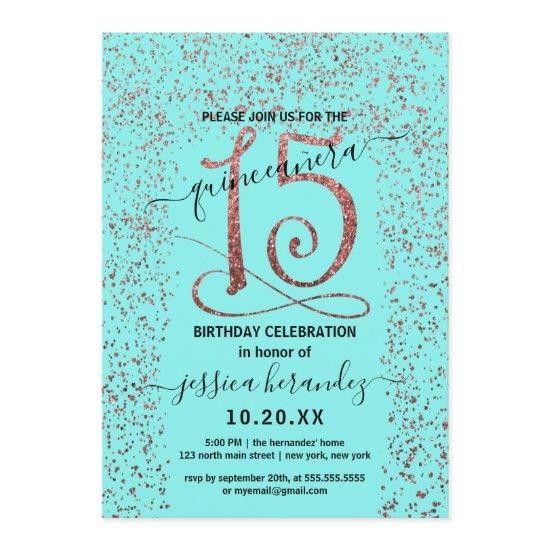 Girly Aqua Rose Gold Confetti Border Quinceañera