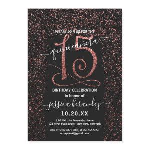 Girly Black Rose Gold Confetti Border Quinceañera