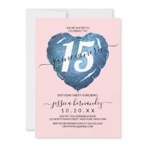 Girly Blush Blue Glitter Heart Balloon Quinceañera